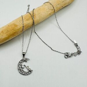 Cat Crescent Moon CZ Heart Sterling Silver Necklace